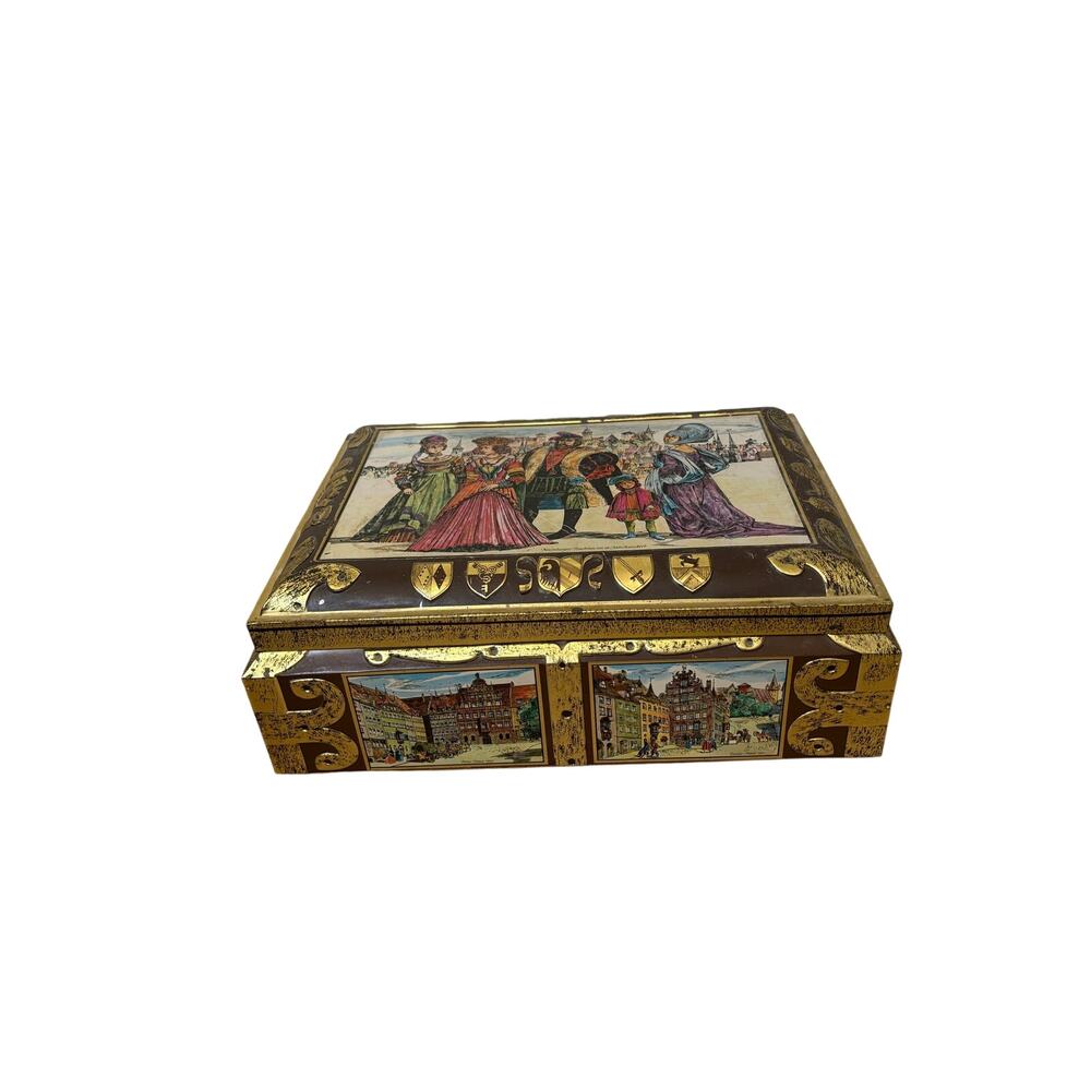 Vintage E. Otto Schmidt Nürnberg Germany Lebkuchen Tin Box Medieval Scenes 16”